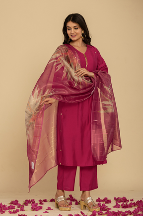 Muslin pleated embroidered pink kurta set with tisssue dupatta