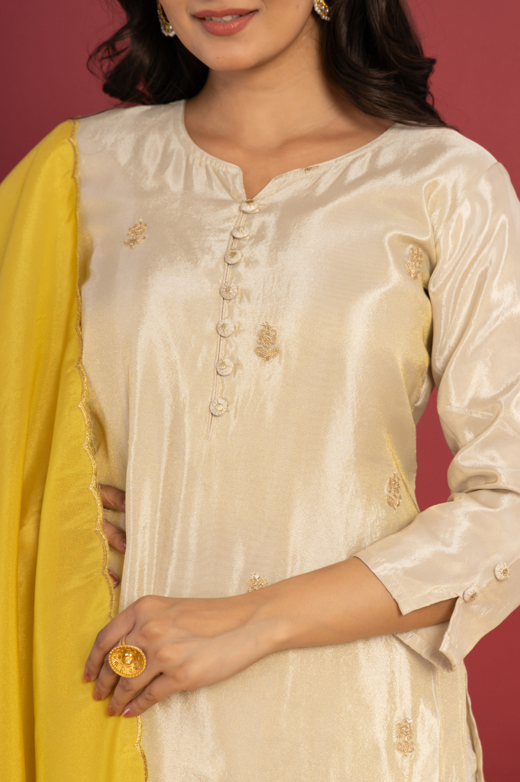 Shimmer white kurta set with yellow dupatta