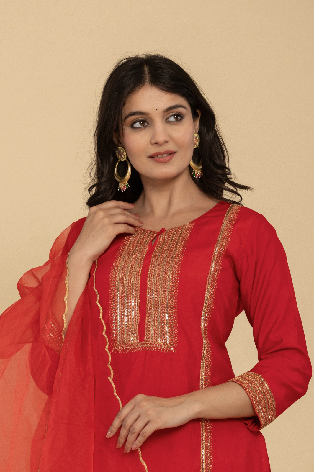 Muslin red kurta set with organza dupatta