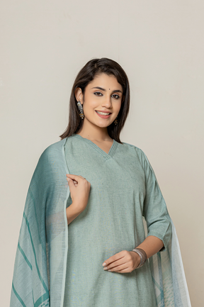 Flex cotton green kurta set with striped dupatta