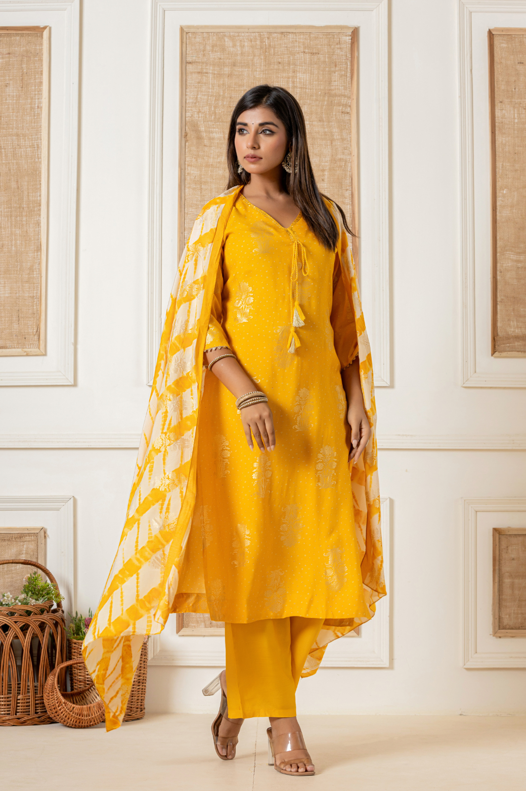 Muslin foil printed yellow kurta set with leheriya dupatta