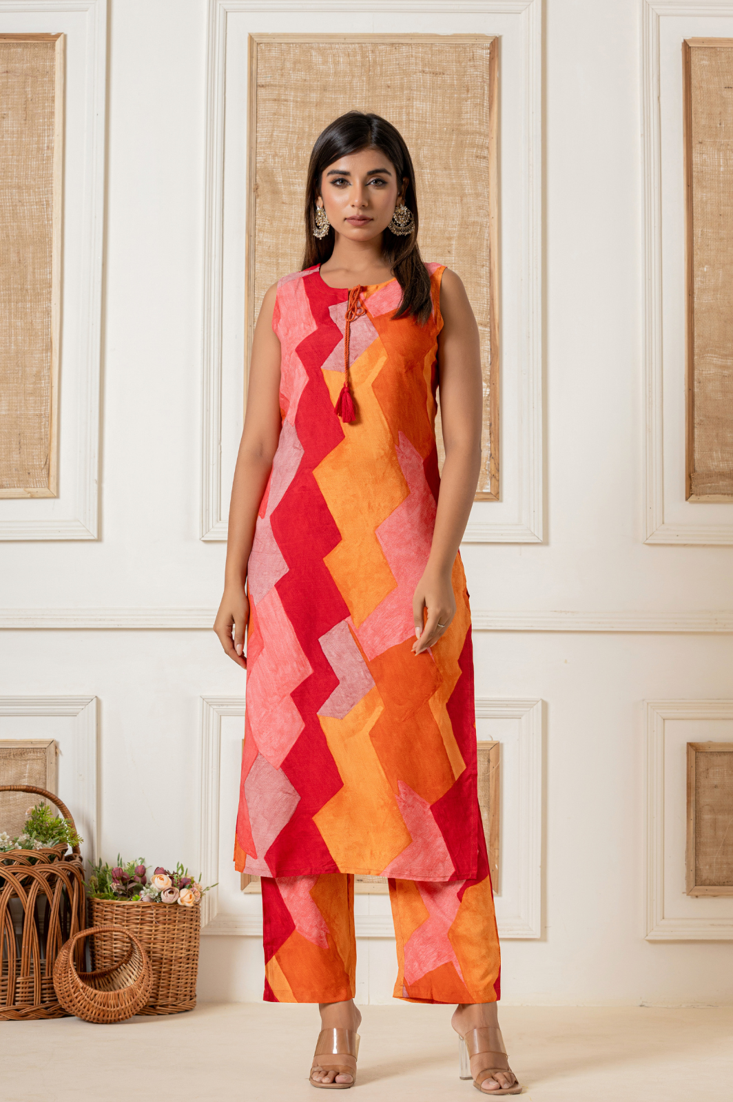 Muslin geometric printed orange co-ord set