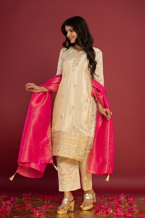 Shimmer white kurta set with pink dupatta