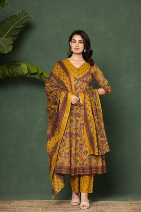 Mustard cotton printed anarkali kurta set
