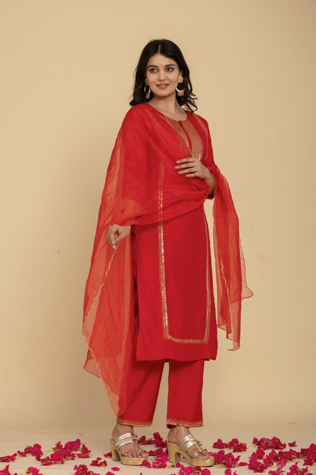 Muslin red kurta set with organza dupatta