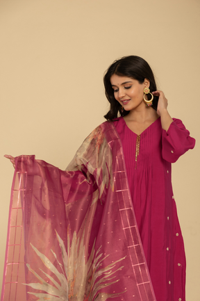 Muslin pleated embroidered pink kurta set with tisssue dupatta