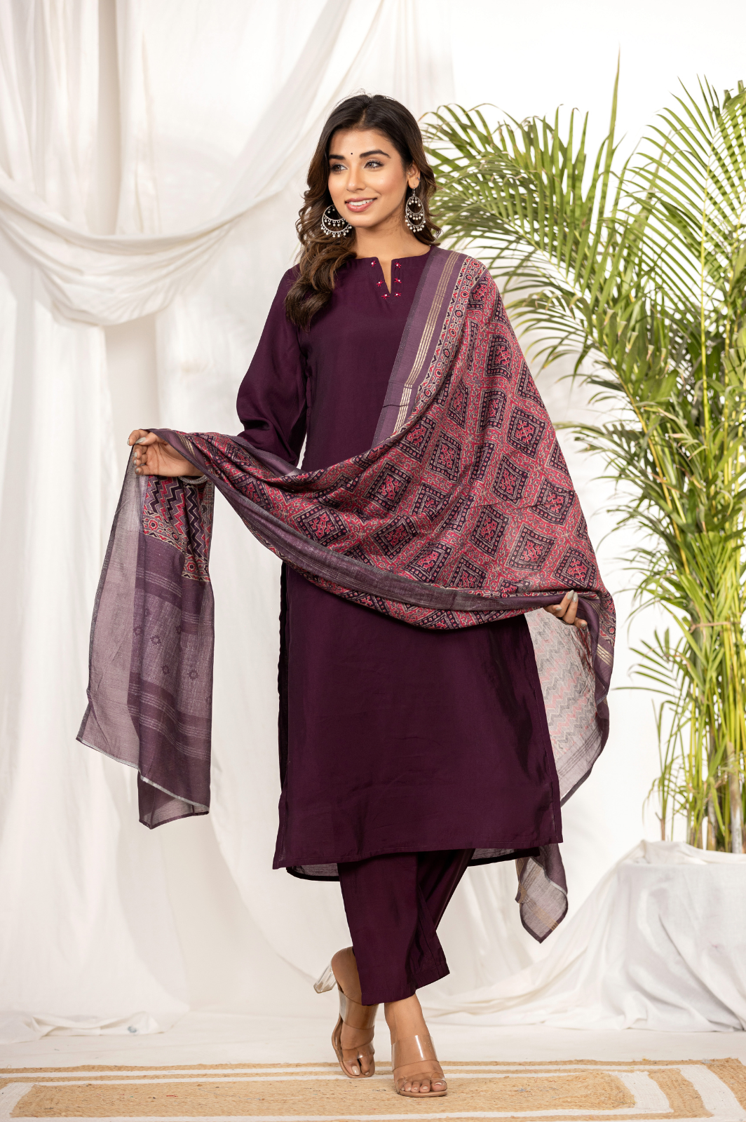 Purple muslin kurta set with ajrakh dupatta