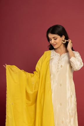 Shimmer white kurta set with yellow dupatta