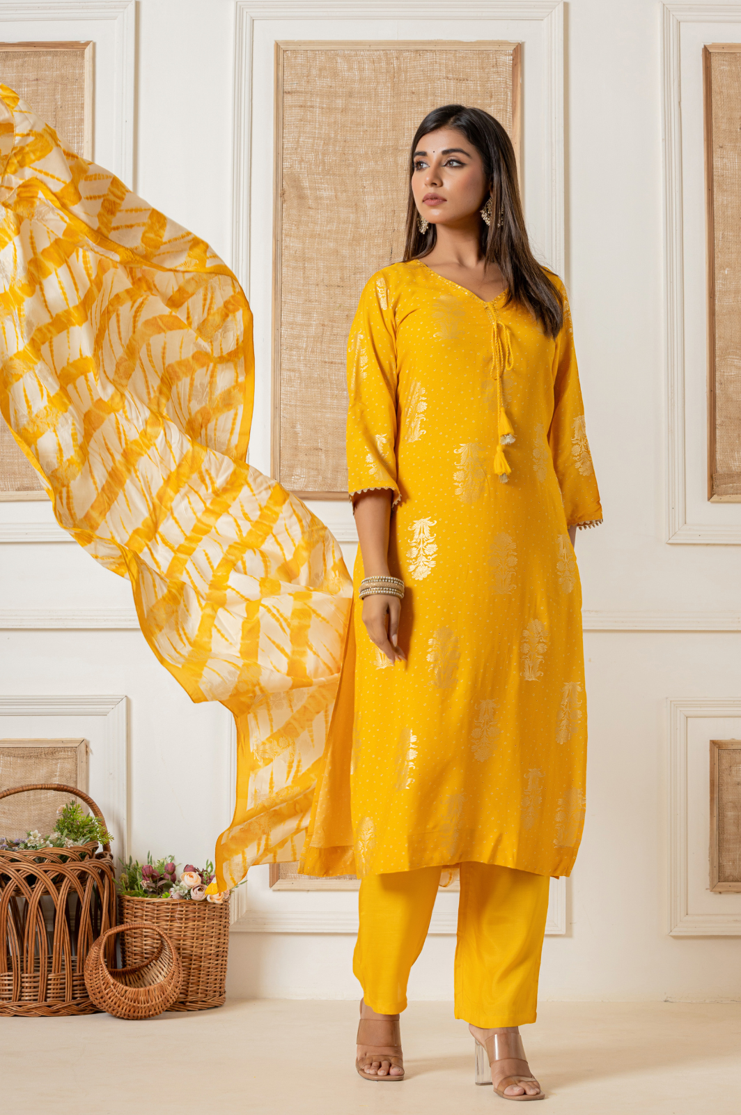 Muslin foil printed yellow kurta set with leheriya dupatta