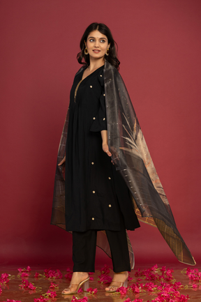 Muslin pleated embroidered black kurta set with tisssue dupatta