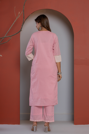 Self Embroidered pink cotton kurta set