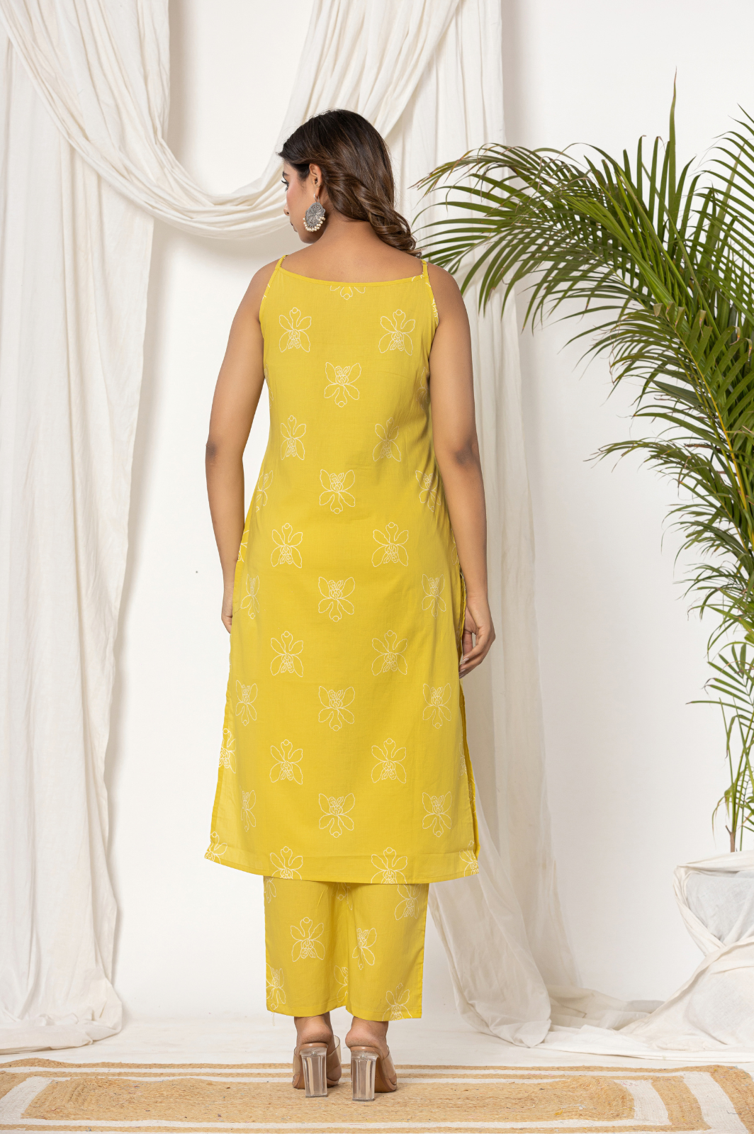 Sleeveless Floral printed yellow kurta set