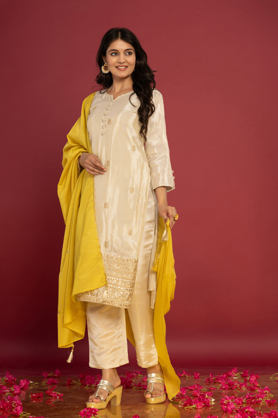 Shimmer white kurta set with yellow dupatta