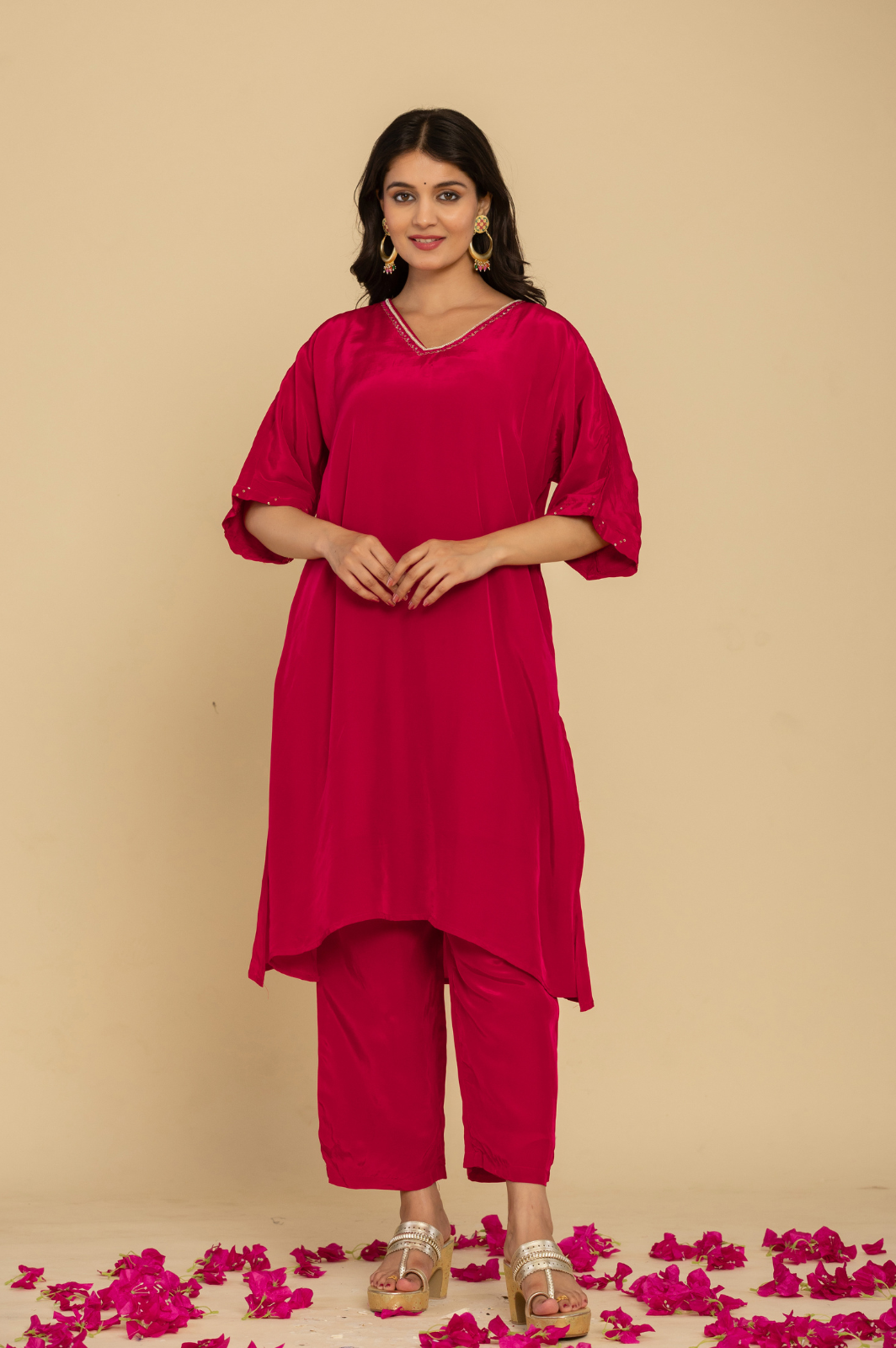 Solid pink crepe Kaftan set