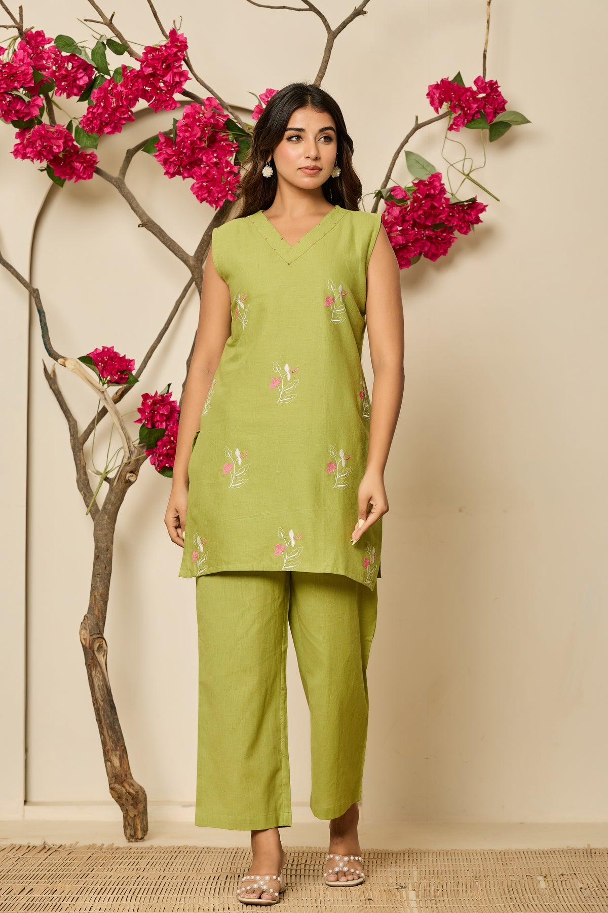 Cotton Embroidered Green Co-Ord Set