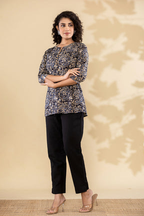 Cotton navy blue printed short kurti