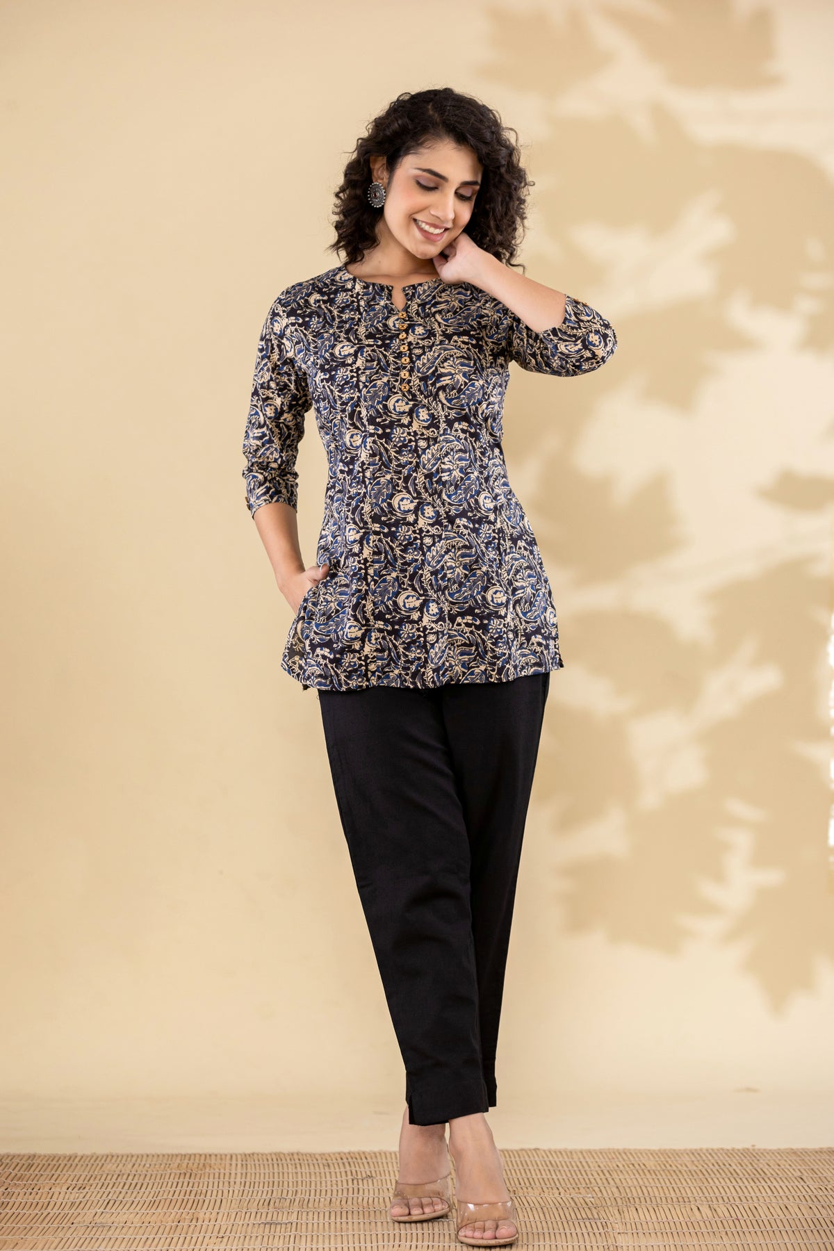 Cotton navy blue printed short kurti