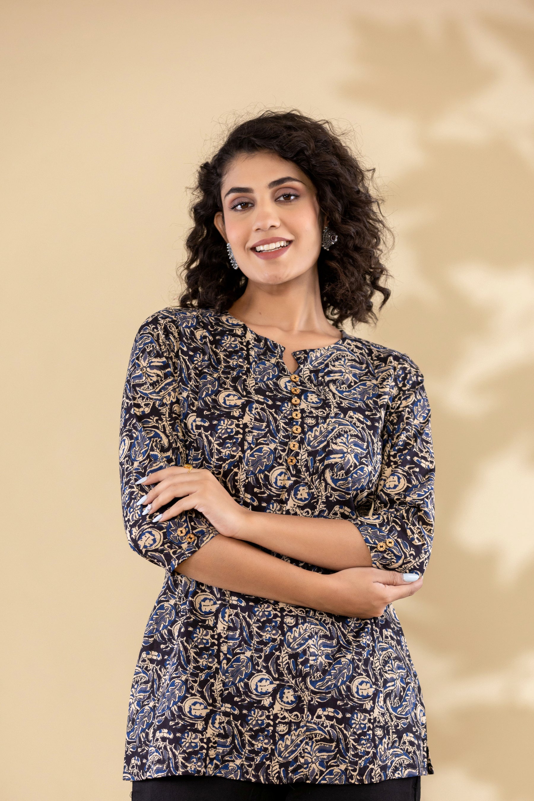 Cotton navy blue printed short kurti