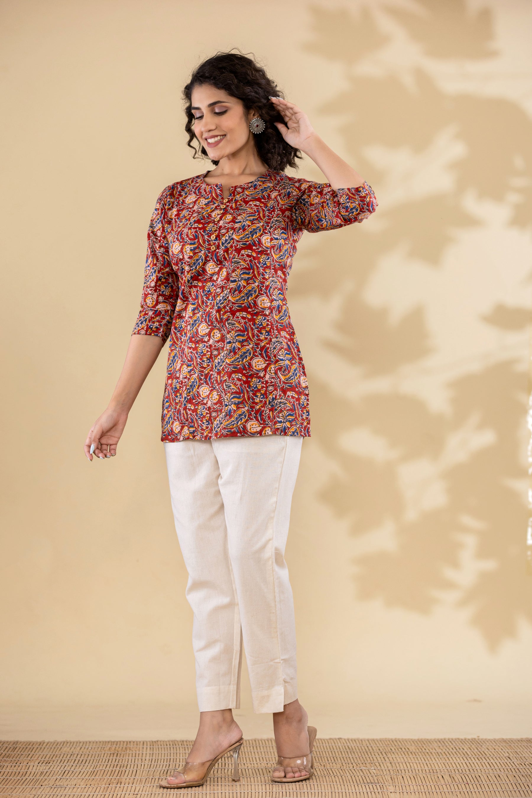 Cotton red printed short kurti