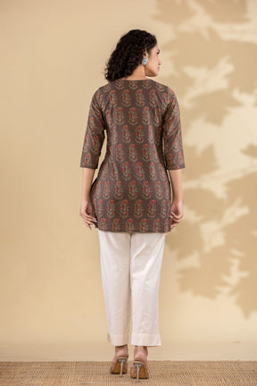 Cotton floral pleated brown short kurti