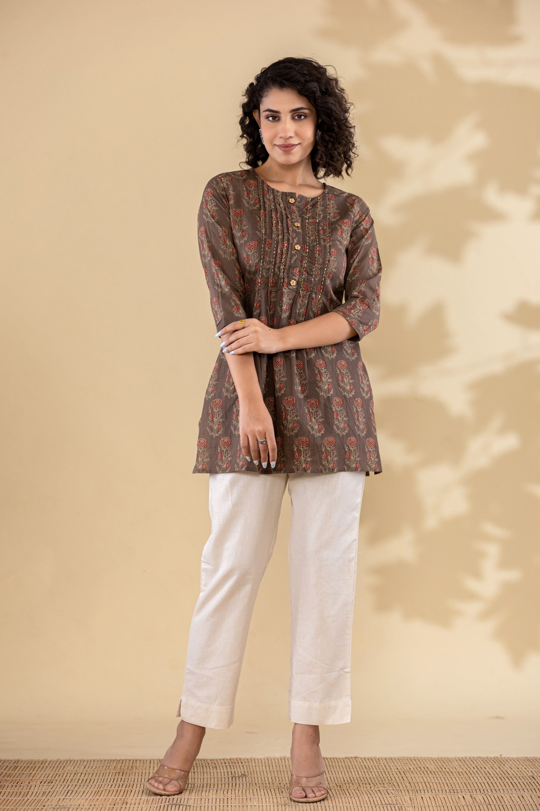 Cotton floral pleated brown short kurti