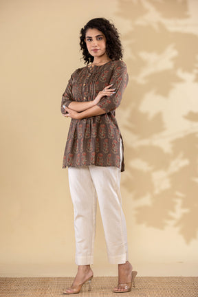 Cotton floral pleated brown short kurti