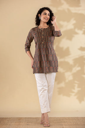 Cotton floral pleated brown short kurti