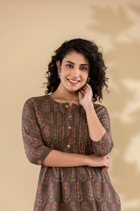 Cotton floral pleated brown short kurti