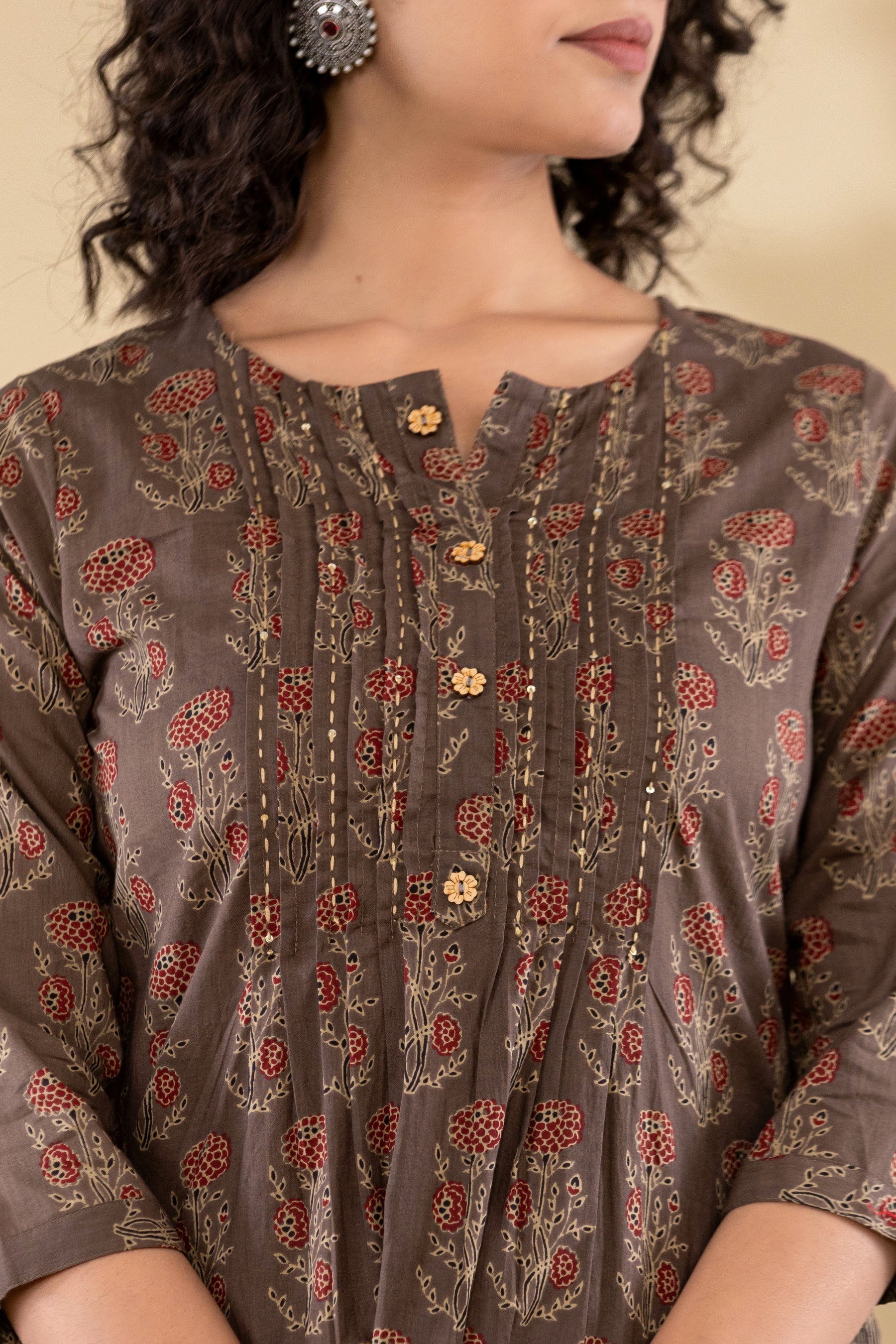 Cotton floral pleated brown short kurti