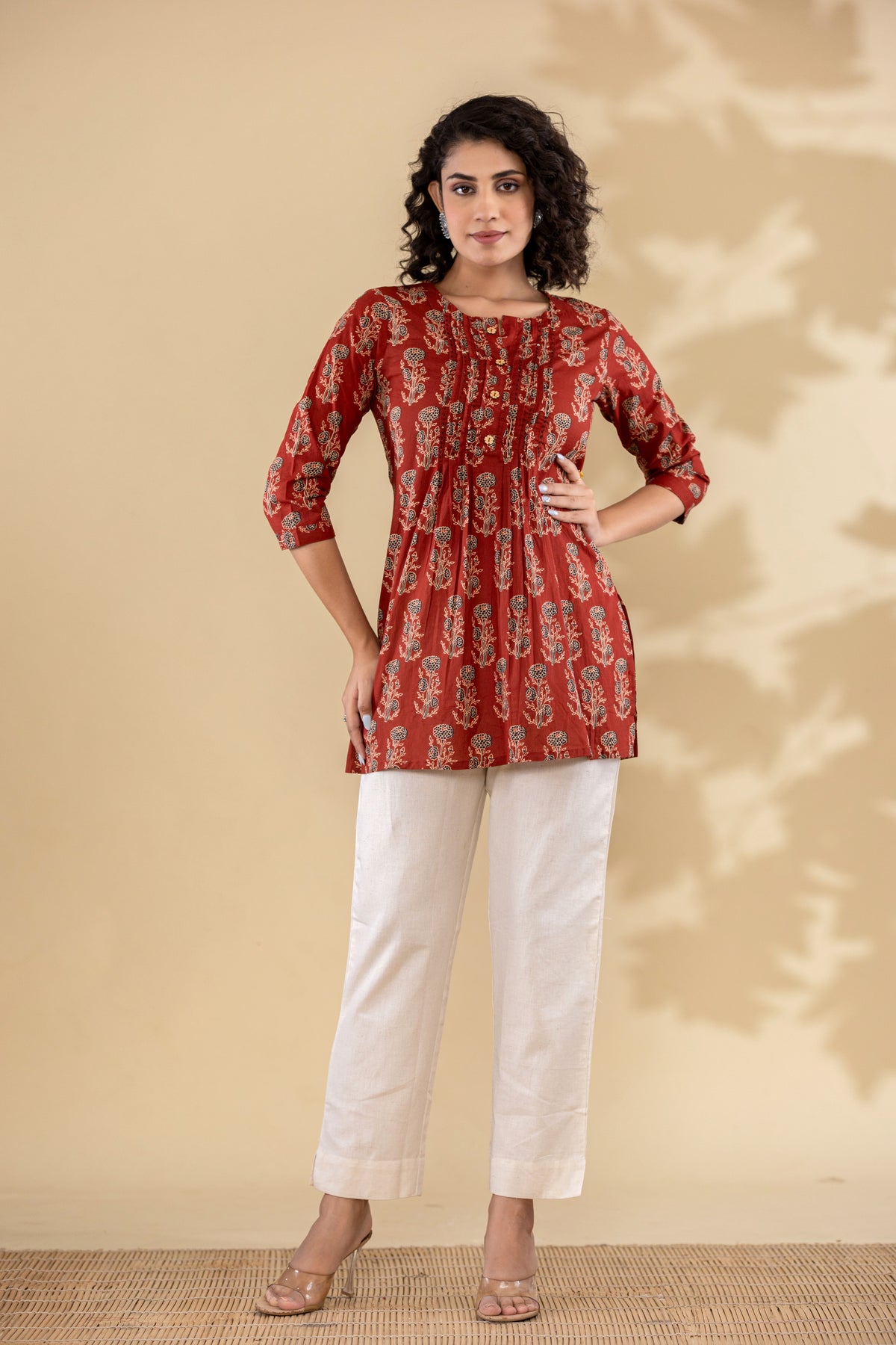 Cotton floral pleated red short kurti