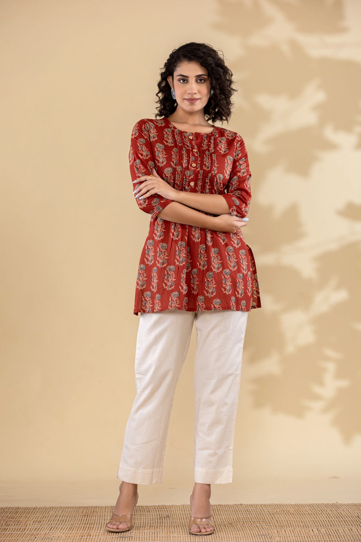 Cotton floral pleated red short kurti