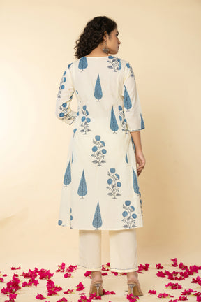 Cotton leaf printed blue kurta set with kota doria dupatta