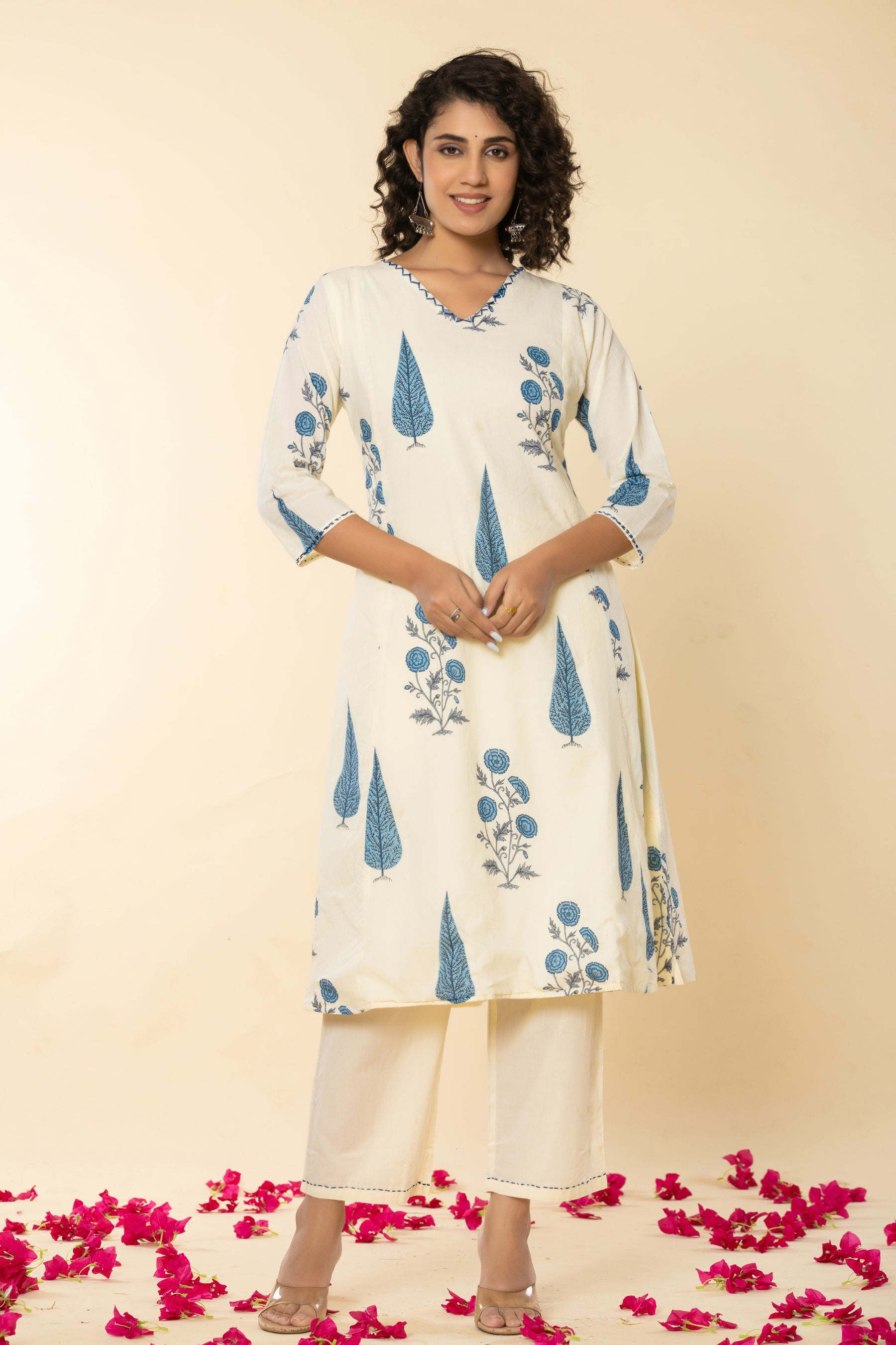 Cotton leaf printed blue kurta set with kota doria dupatta