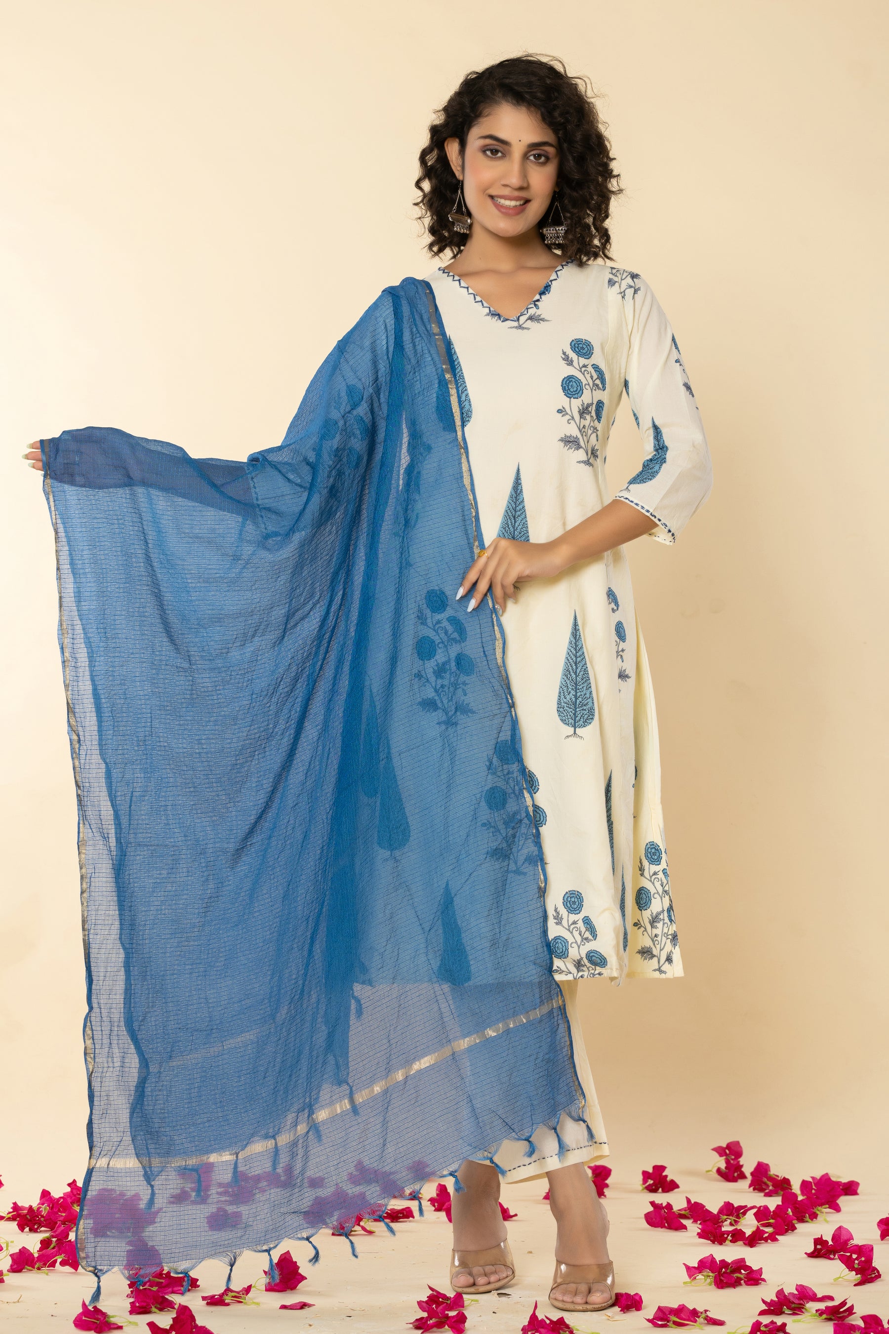 Cotton leaf printed blue kurta set with kota doria dupatta