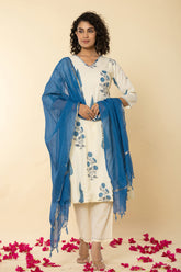 Cotton leaf printed blue kurta set with kota doria dupatta