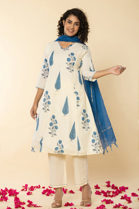 Cotton leaf printed blue kurta set with kota doria dupatta