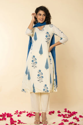 Cotton leaf printed blue kurta set with kota doria dupatta