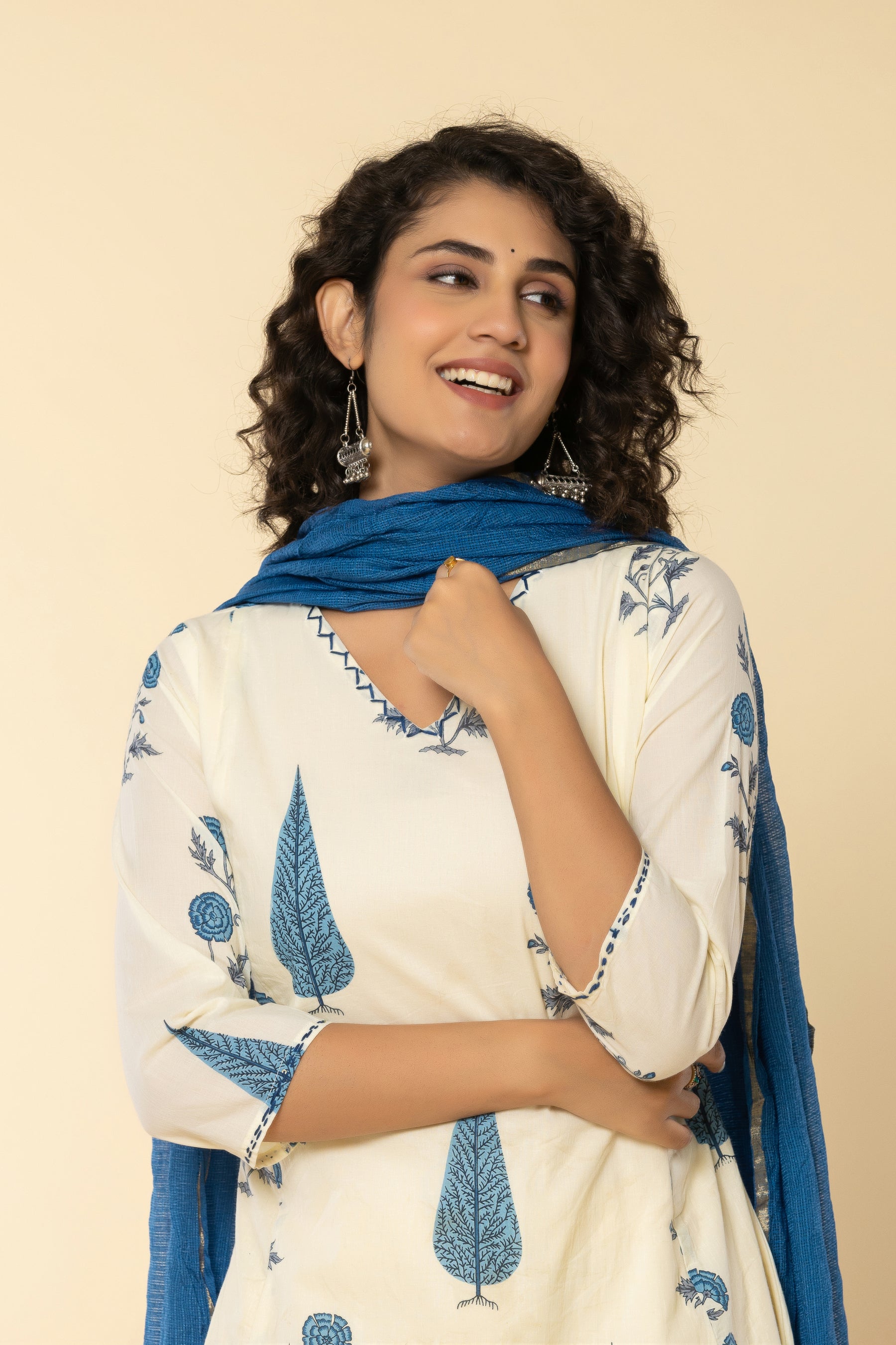 Cotton leaf printed blue kurta set with kota doria dupatta