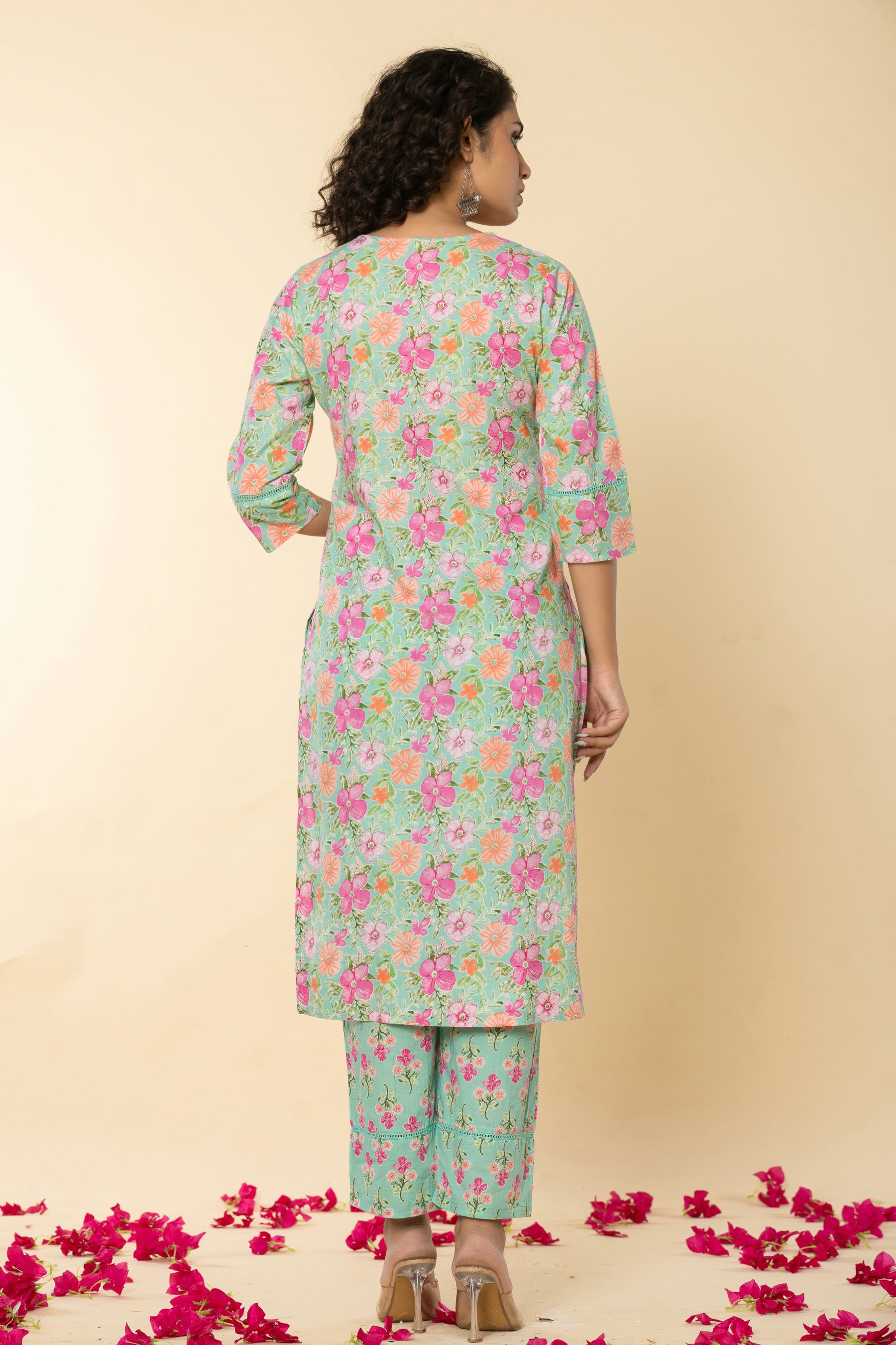 Cotton floral printed green kurta set