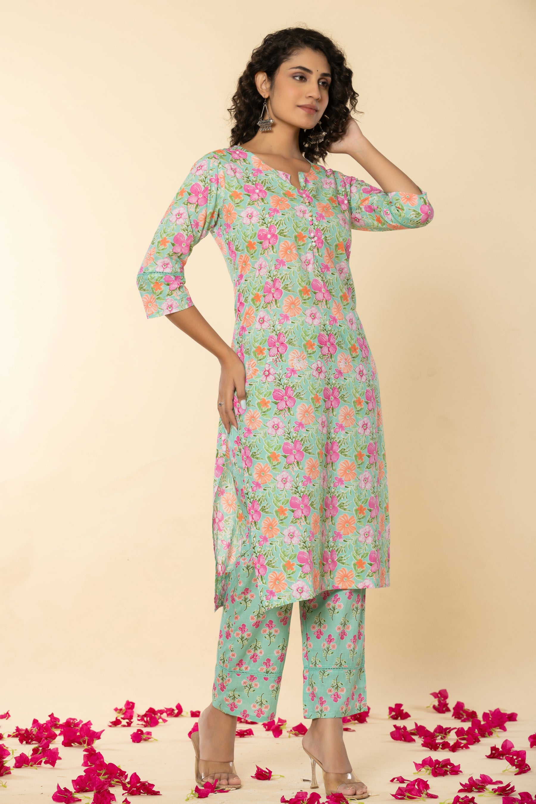 Cotton floral printed green kurta set