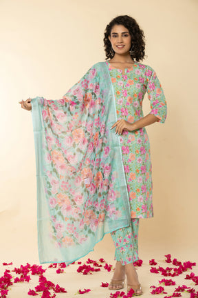 Cotton floral printed green kurta set