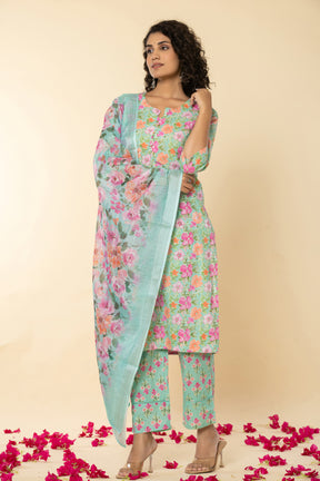 Cotton floral printed green kurta set