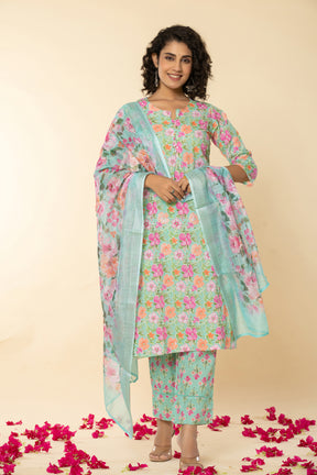 Cotton floral printed green kurta set