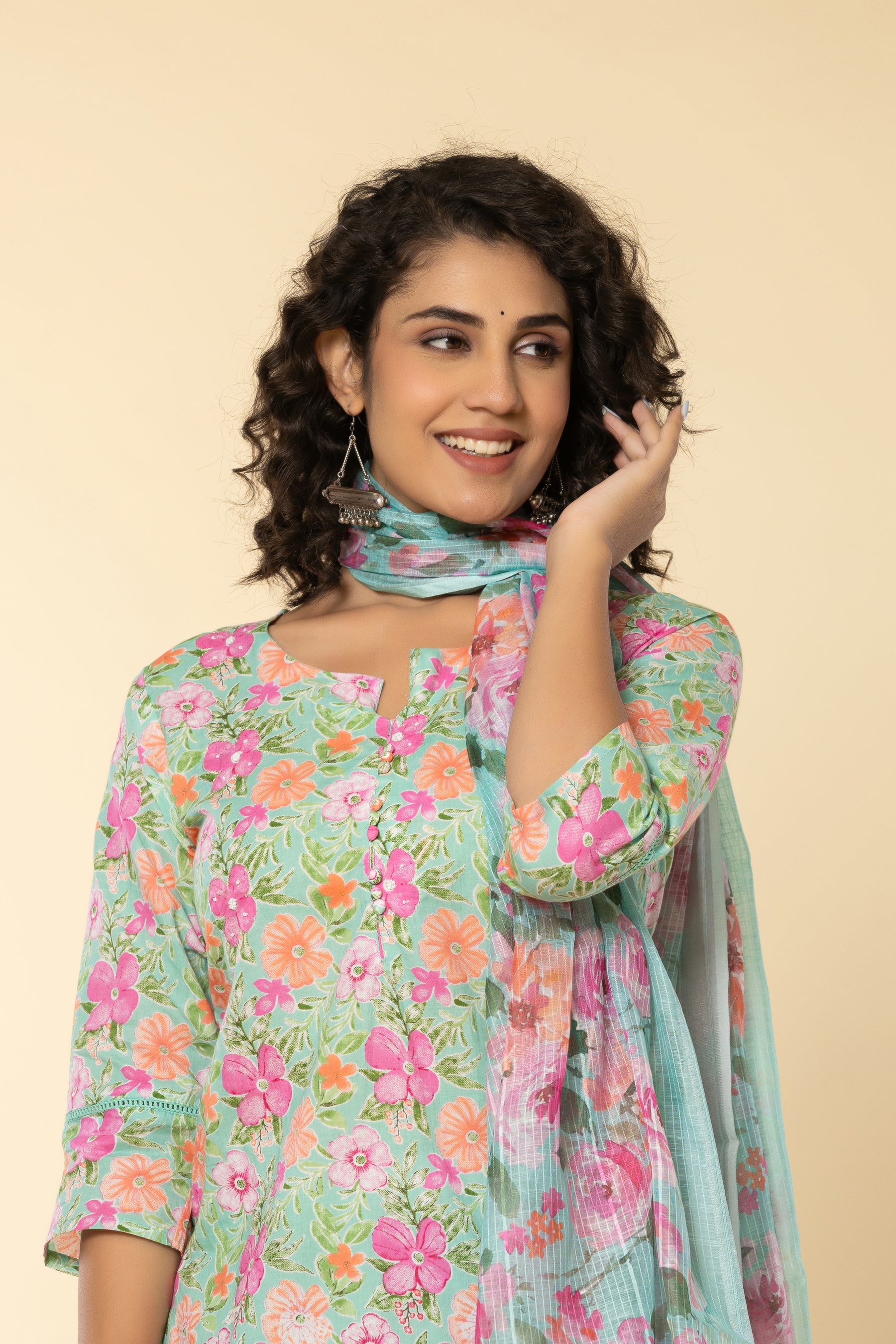 Cotton floral printed green kurta set