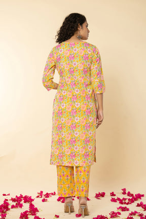 Cotton floral printed yellow kurta set