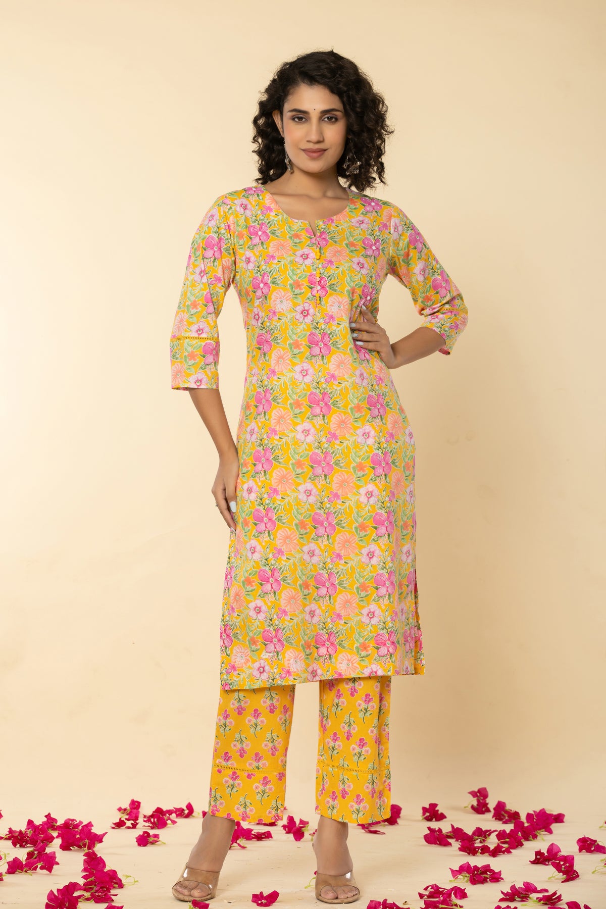 Cotton floral printed yellow kurta set