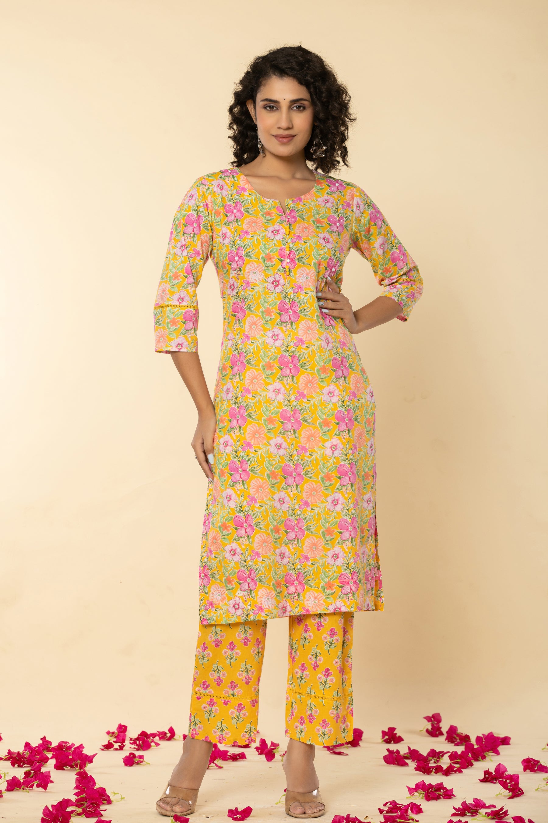 Cotton floral printed yellow kurta set