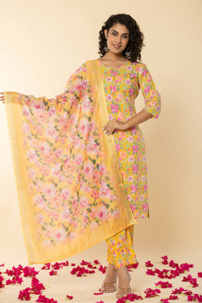 Cotton floral printed yellow kurta set