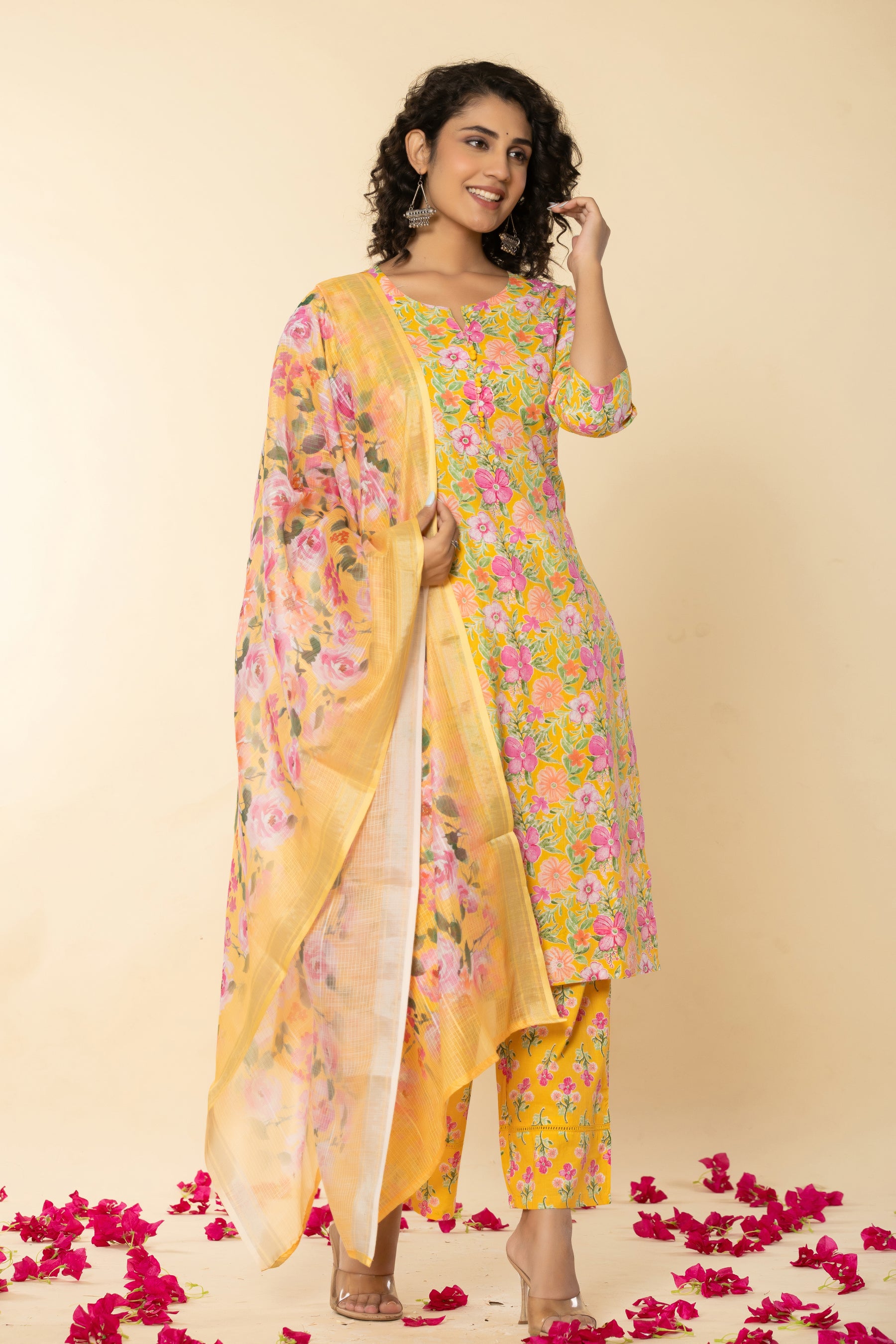 Cotton floral printed yellow kurta set