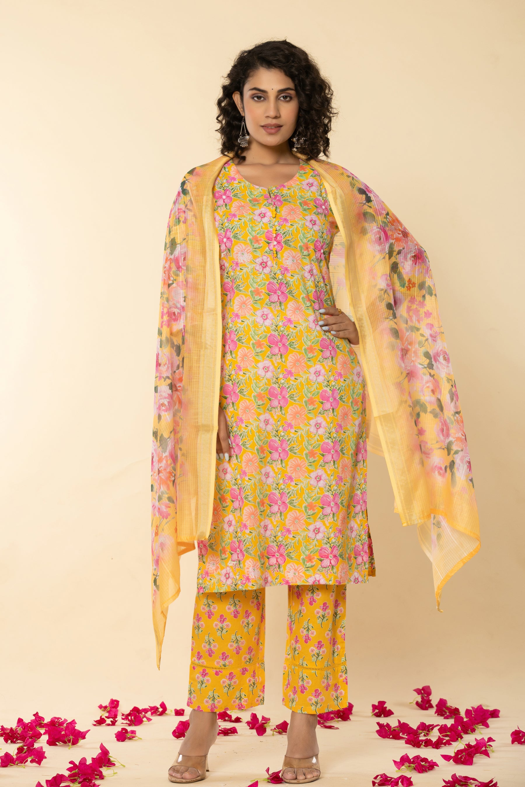 Cotton floral printed yellow kurta set